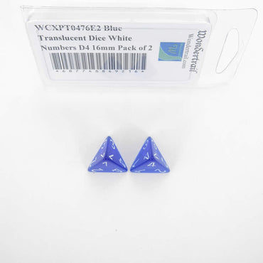 WCXPT0476E2 Blue Translucent Dice White Numbers D4 16mm Pack of 2 (ONLINE ORDER ONLY)