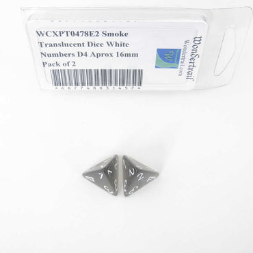 WCXPT0478E2 Smoke Translucent Dice White Numbers D4 Aprox 16mm Pack of 2 (ONLINE ORDER ONLY)