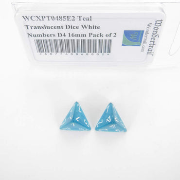 WCXPT0485E2 Teal Translucent Dice White Numbers D4 16mm Pack of 2 (ONLINE ORDER ONLY)