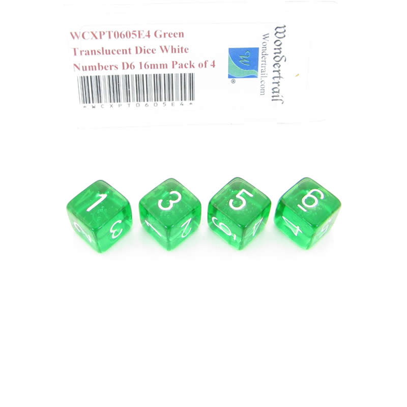 WCXPT0605E4 Green Translucent Dice White Numbers D6 16mm Pack of 4 (ONLINE ORDER ONLY)