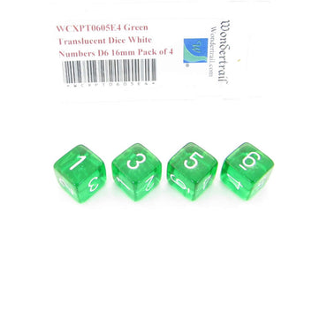WCXPT0605E4 Green Translucent Dice White Numbers D6 16mm Pack of 4 (ONLINE ORDER ONLY)