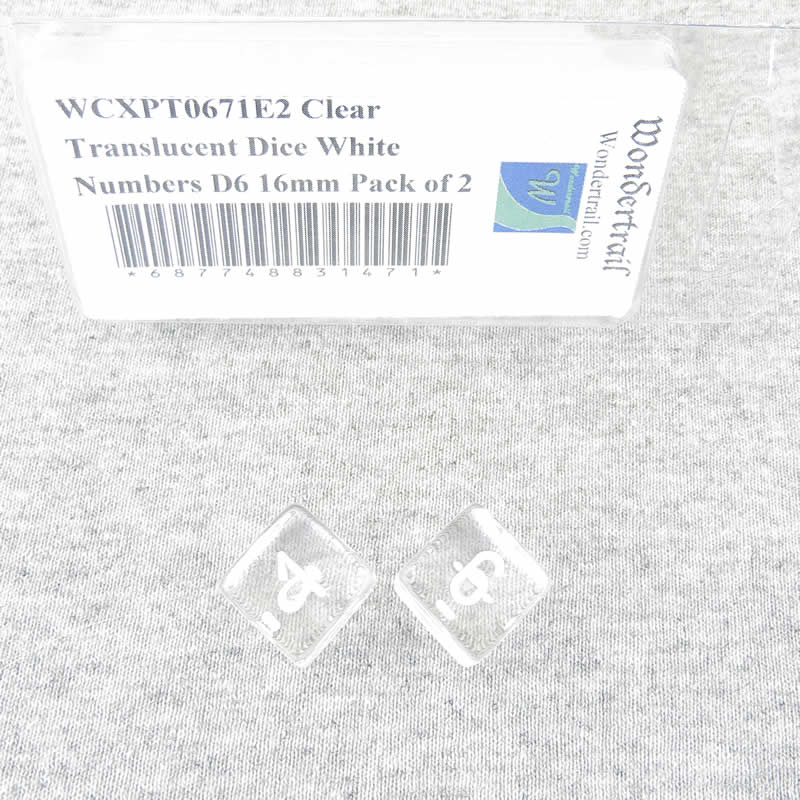 WCXPT0671E2 Clear Translucent Dice White Numbers D6 16mm Pack of 2 (ONLINE ORDER ONLY)