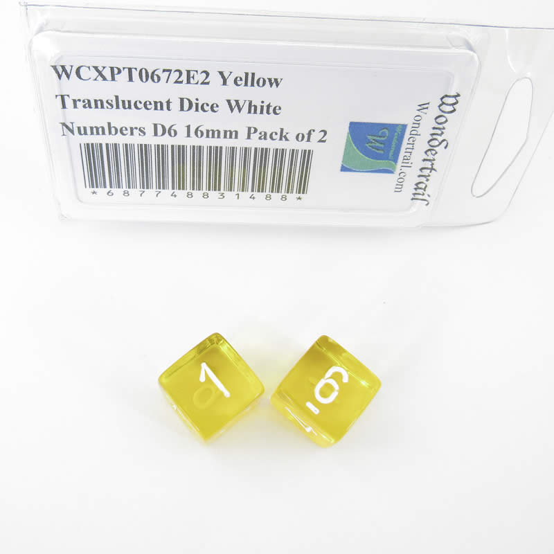 WCXPT0672E2 Yellow Translucent Dice White Numbers D6 16mm Pack of 2 (ONLINE ORDER ONLY)