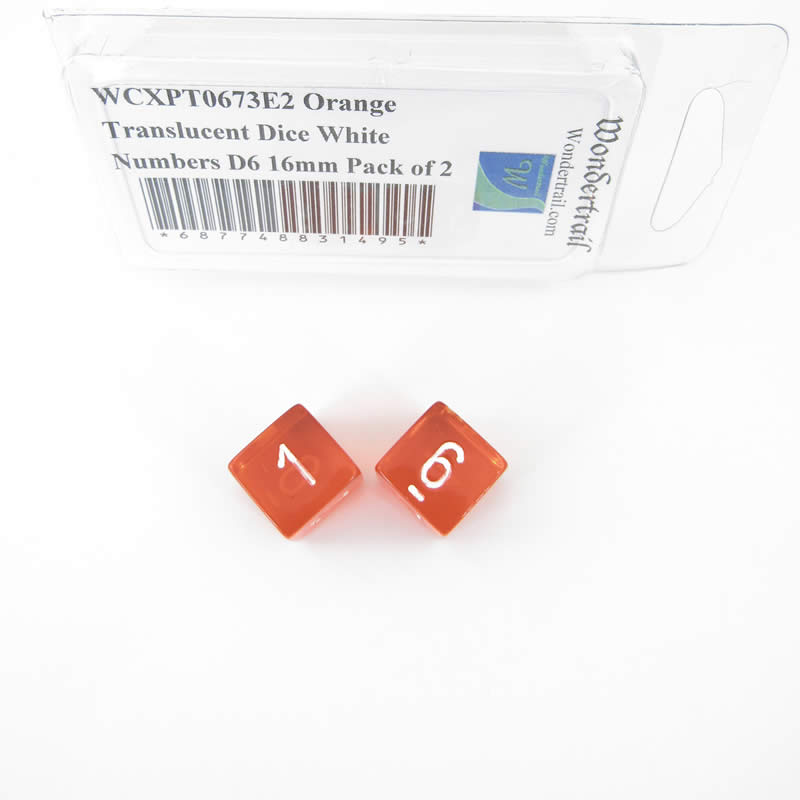 WCXPT0673E2 Orange Translucent Dice White Numbers D6 16mm Pack of 2 (ONLINE ORDER ONLY)