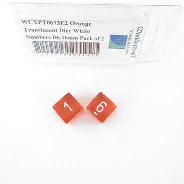 WCXPT0673E2 Orange Translucent Dice White Numbers D6 16mm Pack of 2 (ONLINE ORDER ONLY)