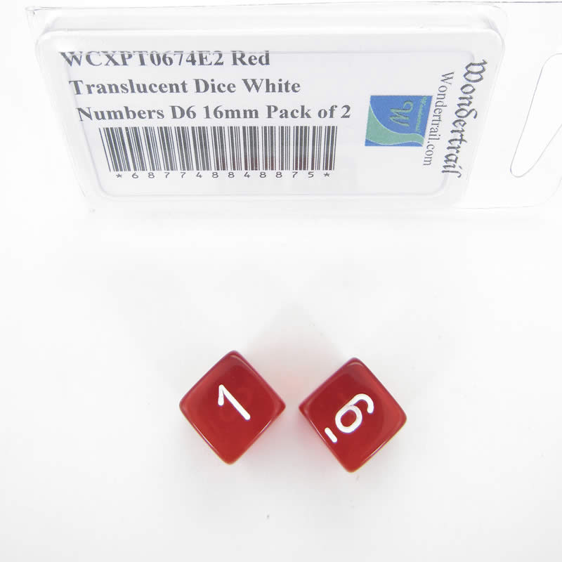 WCXPT0674E2 Red Translucent Dice White Numbers D6 16mm Pack of 2 (ONLINE ORDER ONLY)