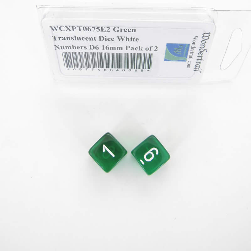 WCXPT0675E2 Green Translucent Dice White Numbers D6 16mm Pack of 2 (ONLINE ORDER ONLY)