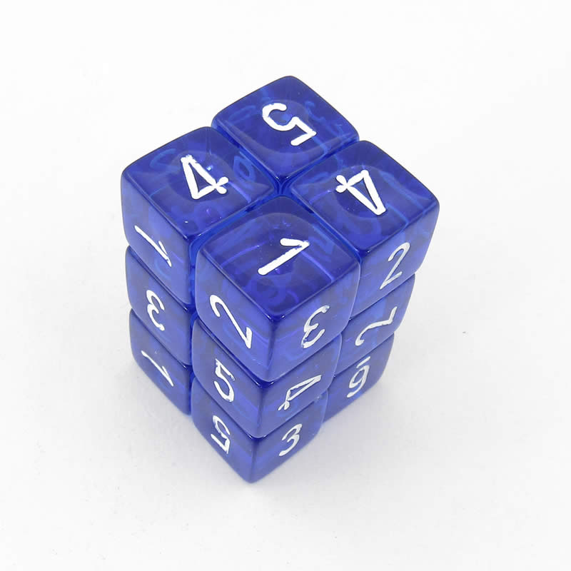 WCXPT0676E12 Blue Translucent Dice White Numbers D6 16mm Pack of 12 (ONLINE ORDER ONLY)