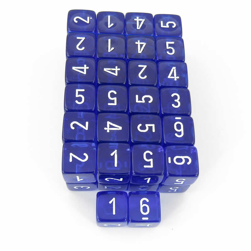 WCXPT0676E50 Blue Translucent Dice White Numbers D6 16mm Pack of 50 (ONLINE ORDER ONLY)