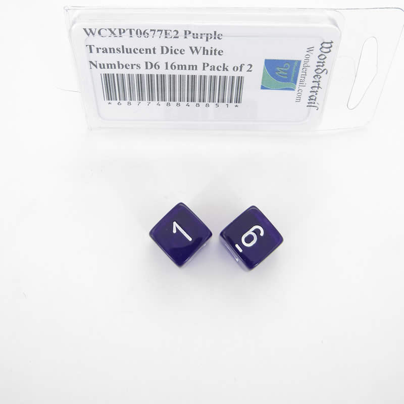 WCXPT0677E2 Purple Translucent Dice White Numbers D6 16mm Pack of 2 (ONLINE ORDER ONLY)