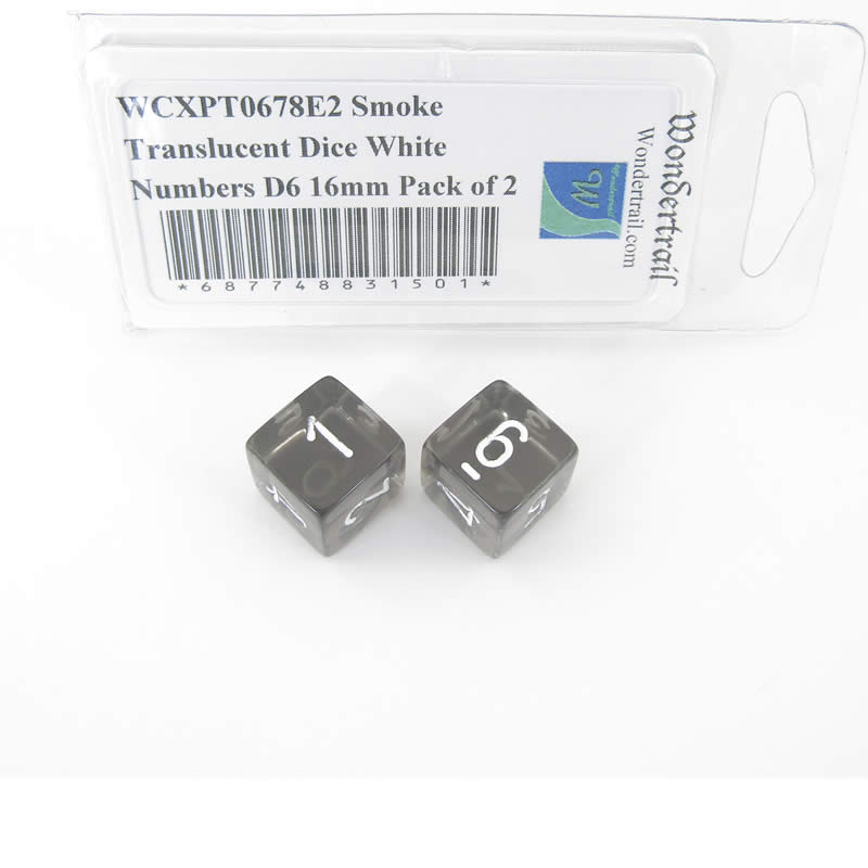 WCXPT0678E2 Smoke Translucent Dice White Numbers D6 16mm Pack of 2 (ONLINE ORDER ONLY)