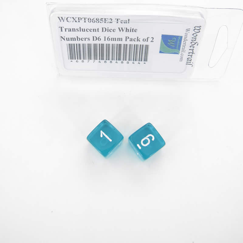 WCXPT0685E2 Teal Translucent Dice White Numbers D6 16mm Pack of 2 (ONLINE ORDER ONLY)