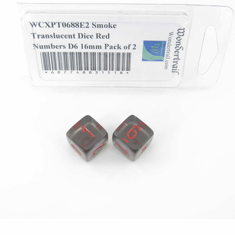 WCXPT0688E2 Smoke Translucent Dice Red Numbers D6 16mm Pack of 2 (ONLINE ORDER ONLY)