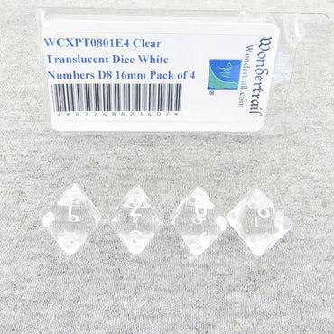 WCXPT0801E4 Clear Translucent Dice White Numbers D8 16mm Pack of 4 (ONLINE ORDER ONLY)