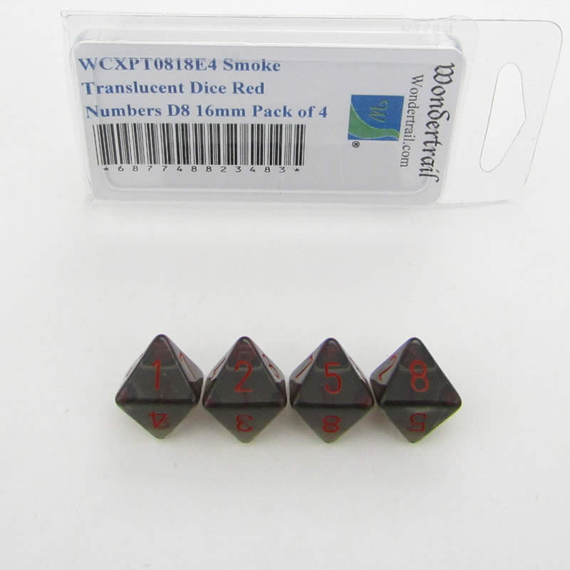 WCXPT0818E4 Smoke Translucent Dice Red Numbers D8 16mm Pack of 4 (ONLINE ORDER ONLY)