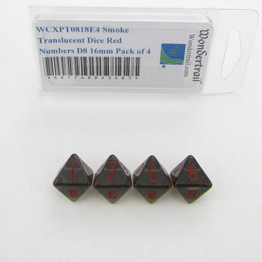 WCXPT0818E4 Smoke Translucent Dice Red Numbers D8 16mm Pack of 4 (ONLINE ORDER ONLY)