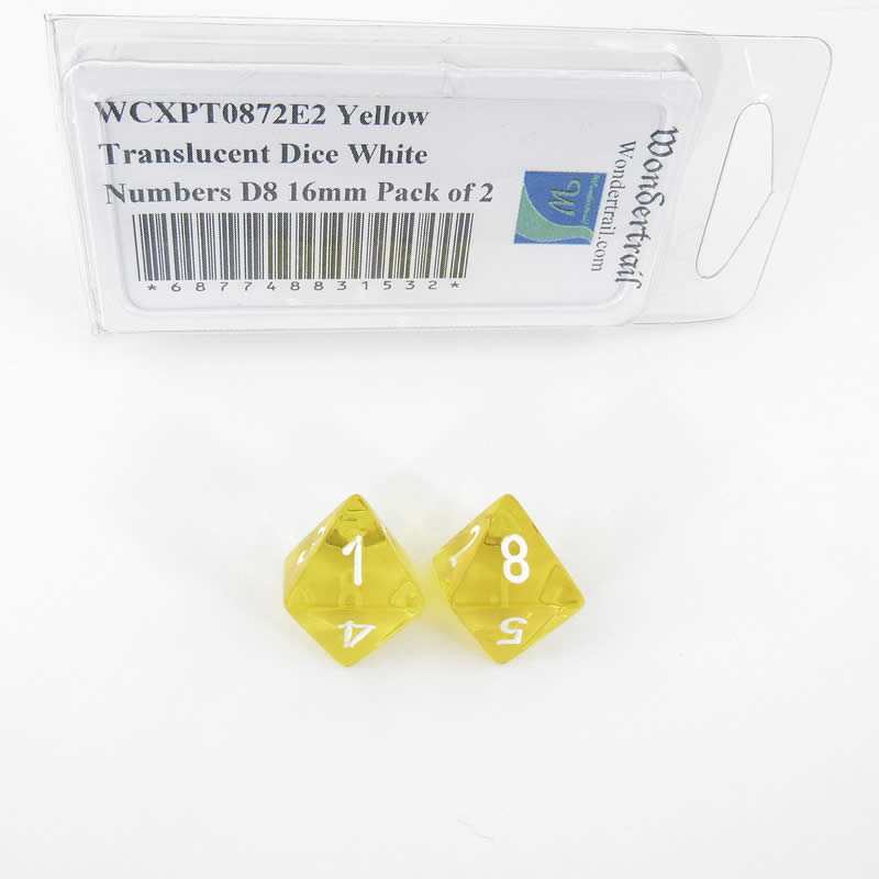 WCXPT0872E2 Yellow Translucent Dice White Numbers D8 16mm Pack of 2 (ONLINE ORDER ONLY)