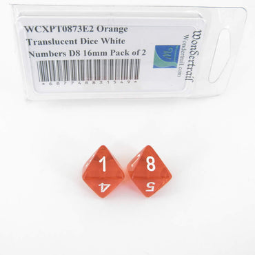 WCXPT0873E2 Orange Translucent Dice White Numbers D8 16mm Pack of 2 (ONLINE ORDER ONLY)