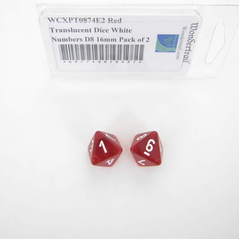 WCXPT0874E2 Red Translucent Dice White Numbers D8 16mm Pack of 2 (ONLINE ORDER ONLY)