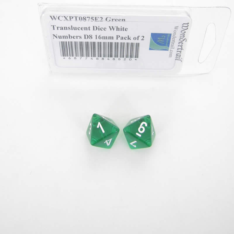 WCXPT0875E2 Green Translucent Dice White Numbers D8 16mm Pack of 2 (ONLINE ORDER ONLY)