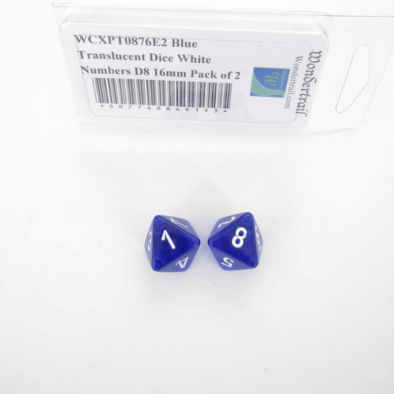 WCXPT0876E2 Blue Translucent Dice White Numbers D8 16mm Pack of 2 (ONLINE ORDER ONLY)