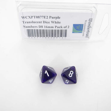 WCXPT0877E2 Purple Translucent Dice White Numbers D8 16mm Pack of 2 (ONLINE ORDER ONLY)