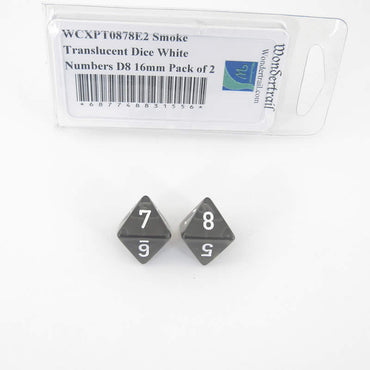 WCXPT0878E2 Smoke Translucent Dice White Numbers D8 16mm Pack of 2 (ONLINE ORDER ONLY)