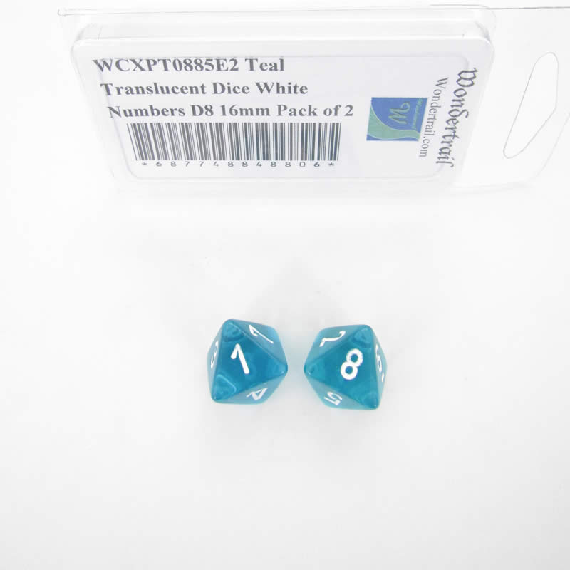 WCXPT0885E2 Teal Translucent Dice White Numbers D8 16mm Pack of 2 (ONLINE ORDER ONLY)