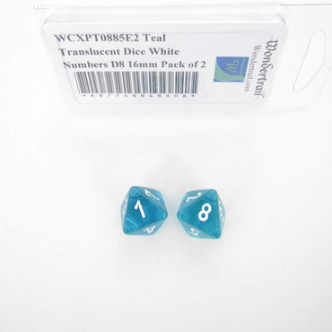 WCXPT0885E2 Teal Translucent Dice White Numbers D8 16mm Pack of 2 (ONLINE ORDER ONLY)