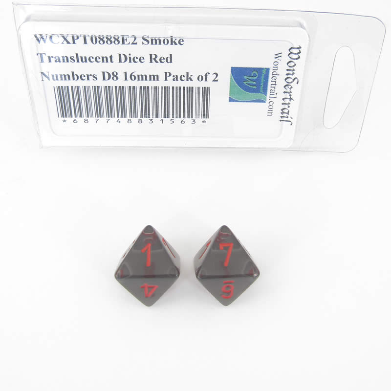 WCXPT0888E2 Smoke Translucent Dice Red Numbers D8 16mm Pack of 2 (ONLINE ORDER ONLY)