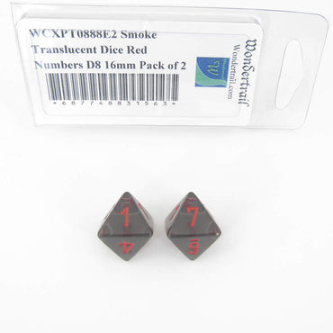 WCXPT0888E2 Smoke Translucent Dice Red Numbers D8 16mm Pack of 2 (ONLINE ORDER ONLY)