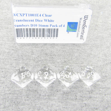 WCXPT1001E4 Clear Translucent Dice White Numbers D10 16mm Pack of 4 (ONLINE ORDER ONLY)