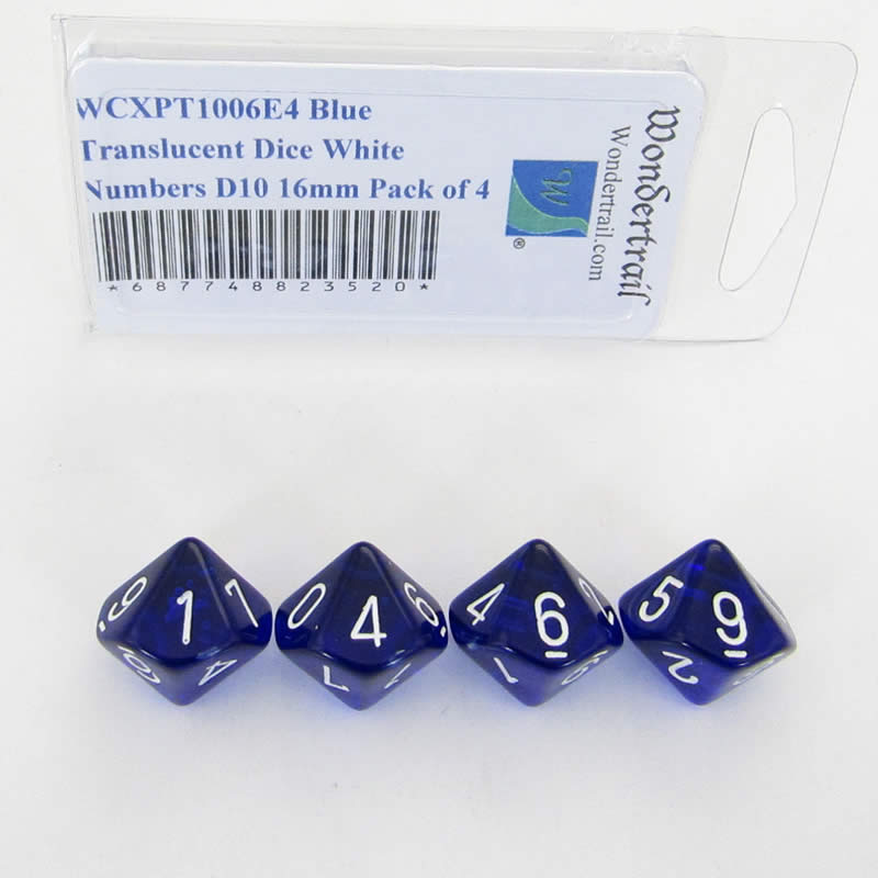 WCXPT1006E4 Blue Translucent Dice White Numbers D10 16mm Pack of 4 (ONLINE ORDER ONLY)