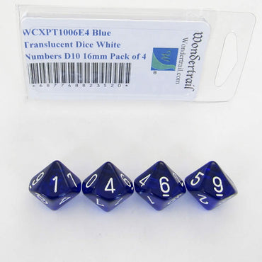 WCXPT1006E4 Blue Translucent Dice White Numbers D10 16mm Pack of 4 (ONLINE ORDER ONLY)