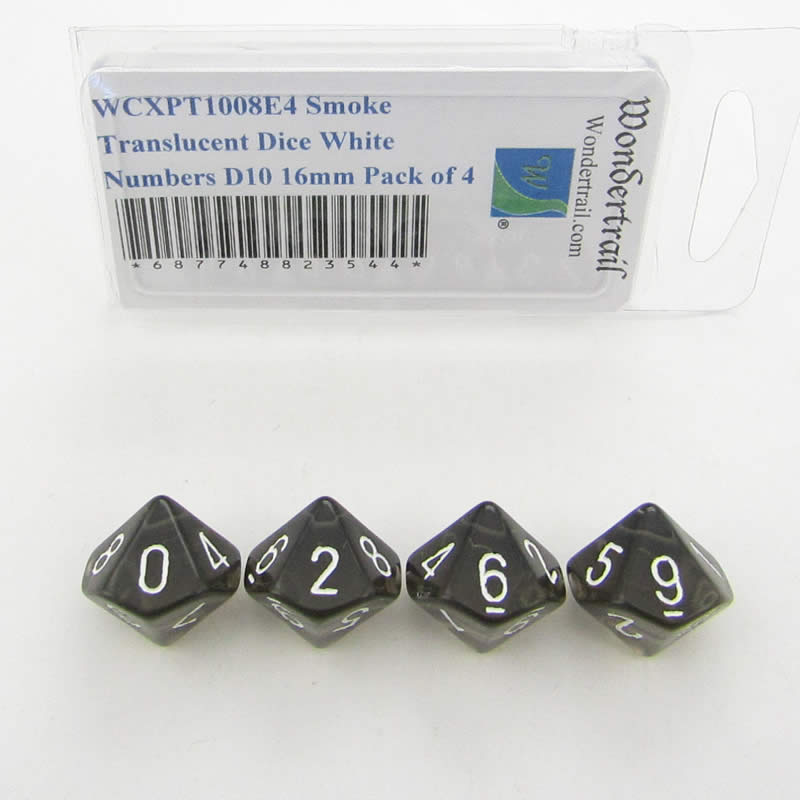 WCXPT1008E4 Smoke Translucent Dice White Numbers D10 16mm Pack of 4 (ONLINE ORDER ONLY)