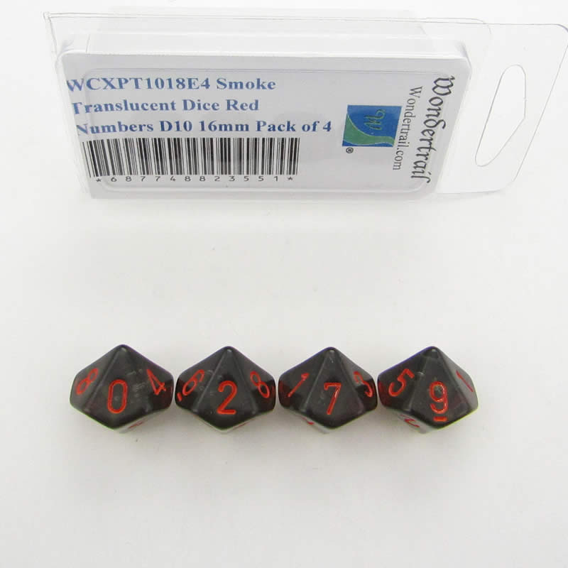 WCXPT1018E4 Smoke Translucent Dice Red Numbers D10 16mm Pack of 4 (ONLINE ORDER ONLY)