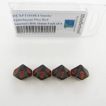 WCXPT1018E4 Smoke Translucent Dice Red Numbers D10 16mm Pack of 4 (ONLINE ORDER ONLY)