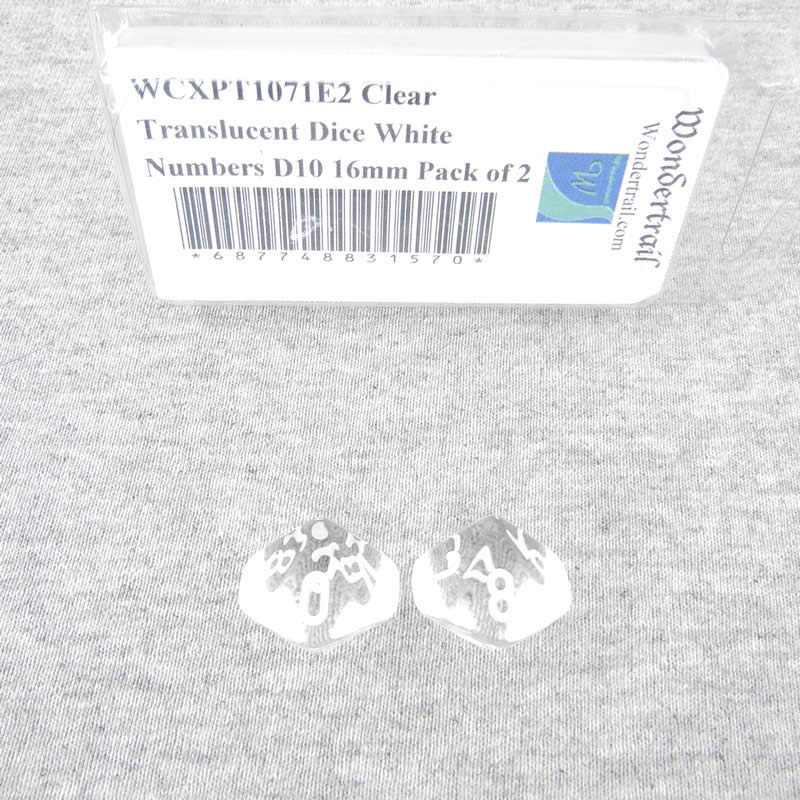 WCXPT1071E2 Clear Translucent Dice White Numbers D10 16mm Pack of 2 (ONLINE ORDER ONLY)