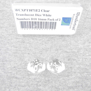 WCXPT1071E2 Clear Translucent Dice White Numbers D10 16mm Pack of 2 (ONLINE ORDER ONLY)