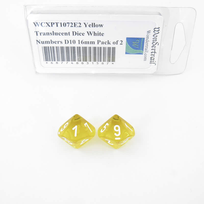 WCXPT1072E2 Yellow Translucent Dice White Numbers D10 16mm Pack of 2 (ONLINE ORDER ONLY)