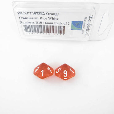 WCXPT1073E2 Orange Translucent Dice White Numbers D10 16mm Pack of 2 (ONLINE ORDER ONLY)