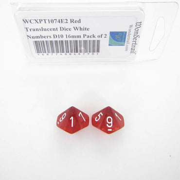 WCXPT1074E2 Red Translucent Dice White Numbers D10 16mm Pack of 2 (ONLINE ORDER ONLY)