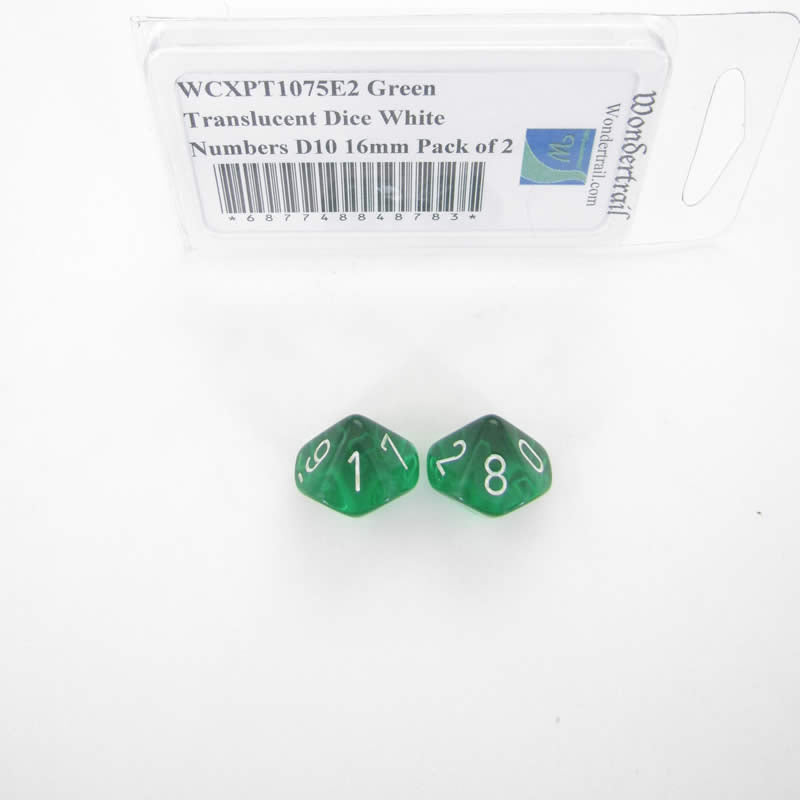 WCXPT1075E2 Green Translucent Dice White Numbers D10 16mm Pack of 2 (ONLINE ORDER ONLY)