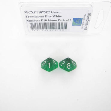 WCXPT1075E2 Green Translucent Dice White Numbers D10 16mm Pack of 2 (ONLINE ORDER ONLY)