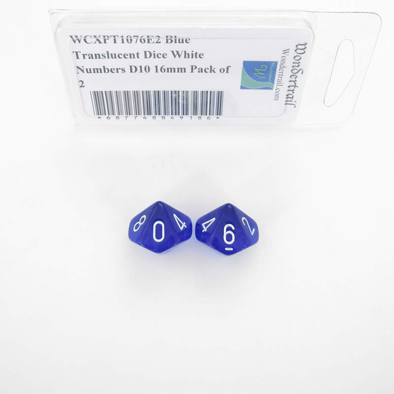 WCXPT1076E2 Blue Translucent Dice White Numbers D10 16mm Pack of 2 (ONLINE ORDER ONLY)