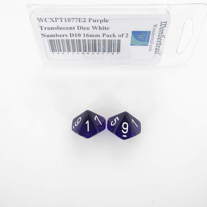 WCXPT1077E2 Purple Translucent Dice White Numbers D10 16mm Pack of 2 (ONLINE ORDER ONLY)