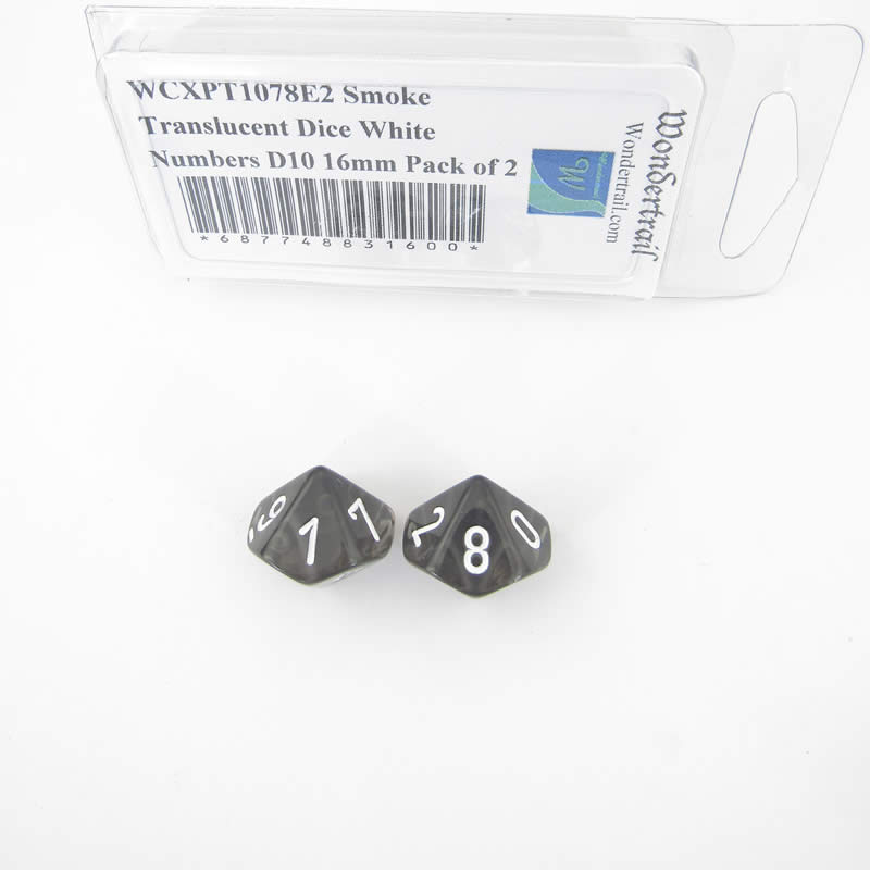 WCXPT1078E2 Smoke Translucent Dice White Numbers D10 16mm Pack of 2 (ONLINE ORDER ONLY)