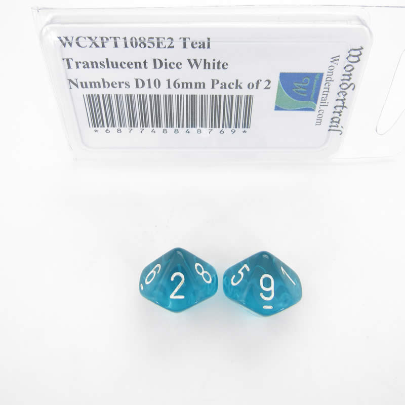 WCXPT1085E2 Teal Translucent Dice White Numbers D10 16mm Pack of 2 (ONLINE ORDER ONLY)