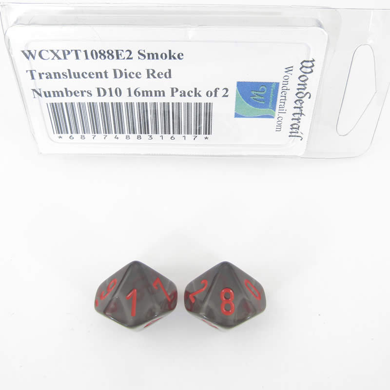 WCXPT1088E2 Smoke Translucent Dice Red Numbers D10 16mm Pack of 2 (ONLINE ORDER ONLY)
