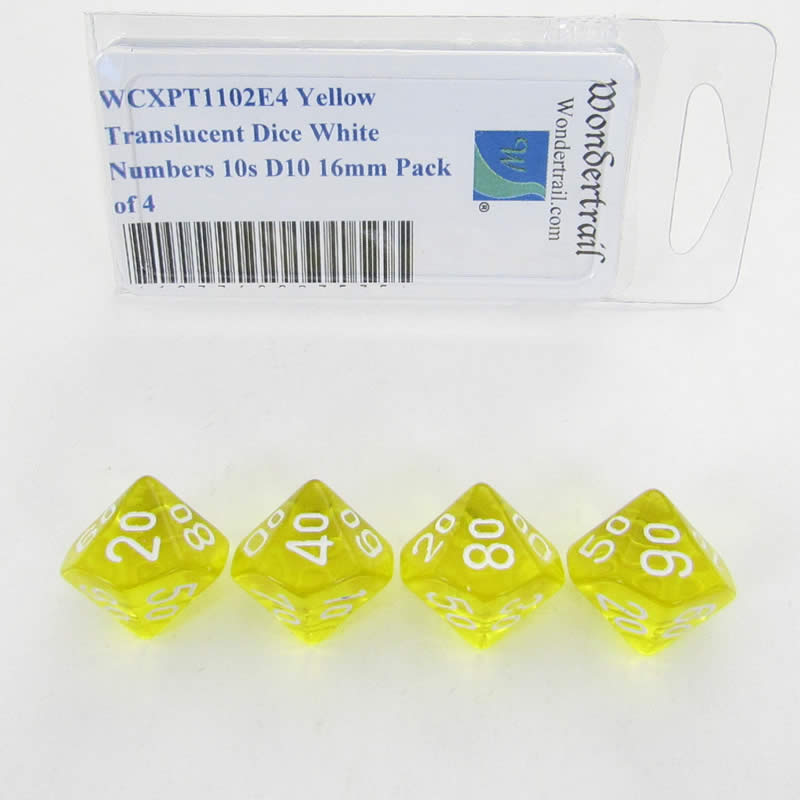 WCXPT1102E4 Yellow Translucent Dice White Numbers 10s D10 16mm Pack of 4 (ONLINE ORDER ONLY)